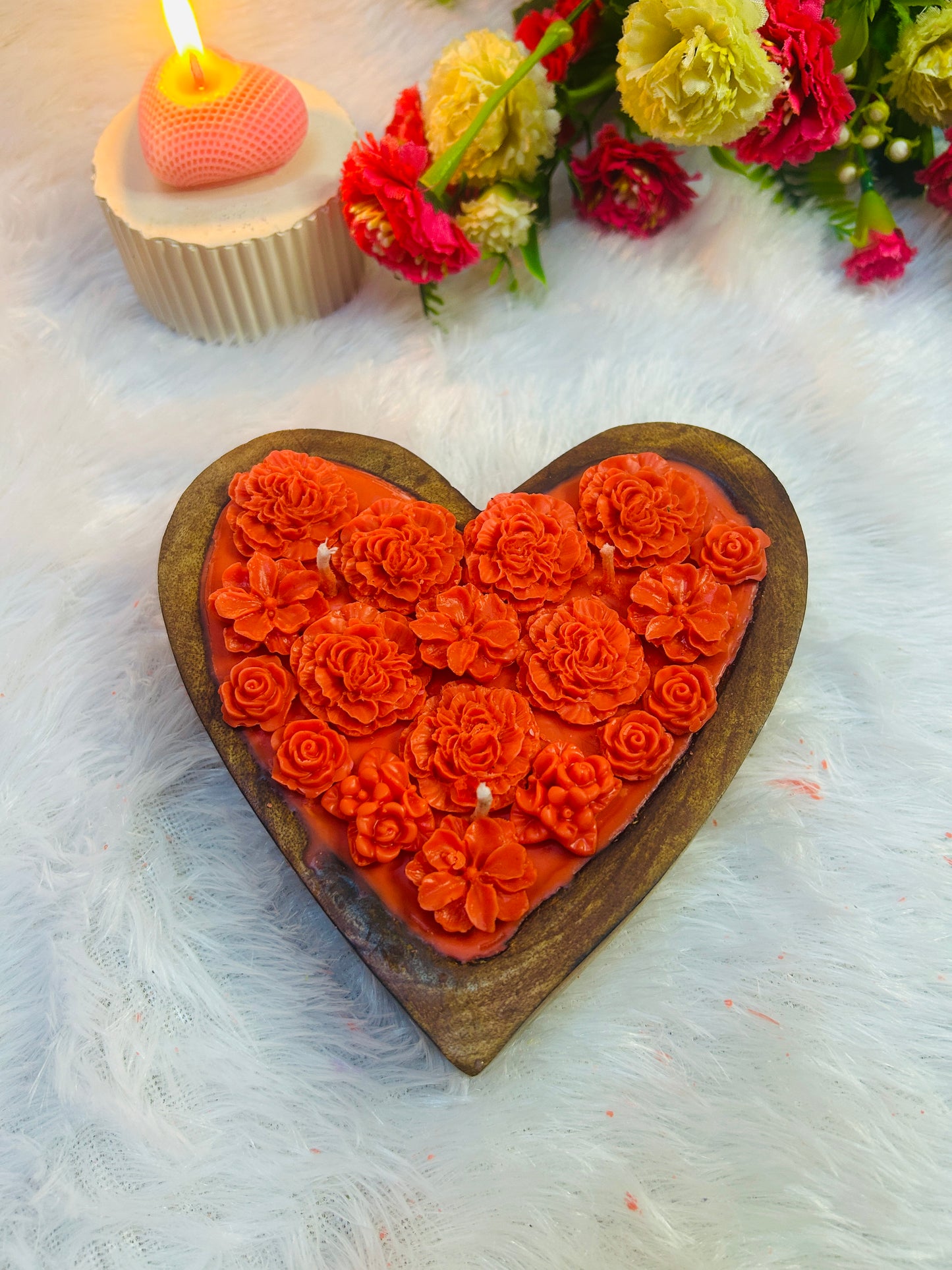 Wooden Heart Shape Flower Candle